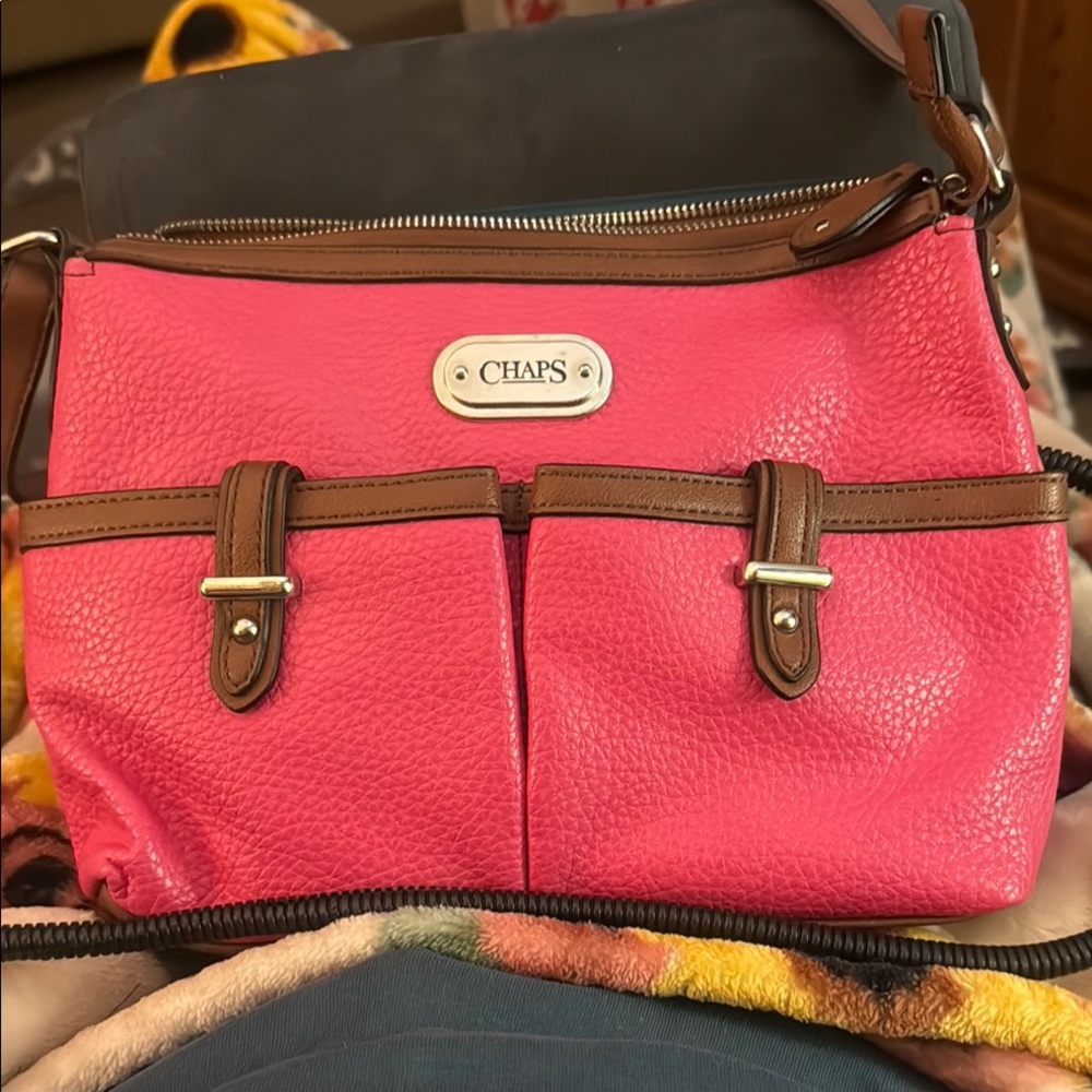 EUC Chaps Pink and Brown Shoulder Bag with Leather Accents
